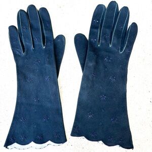 Navy blue vintage kidskin gloves with eyelet flower design